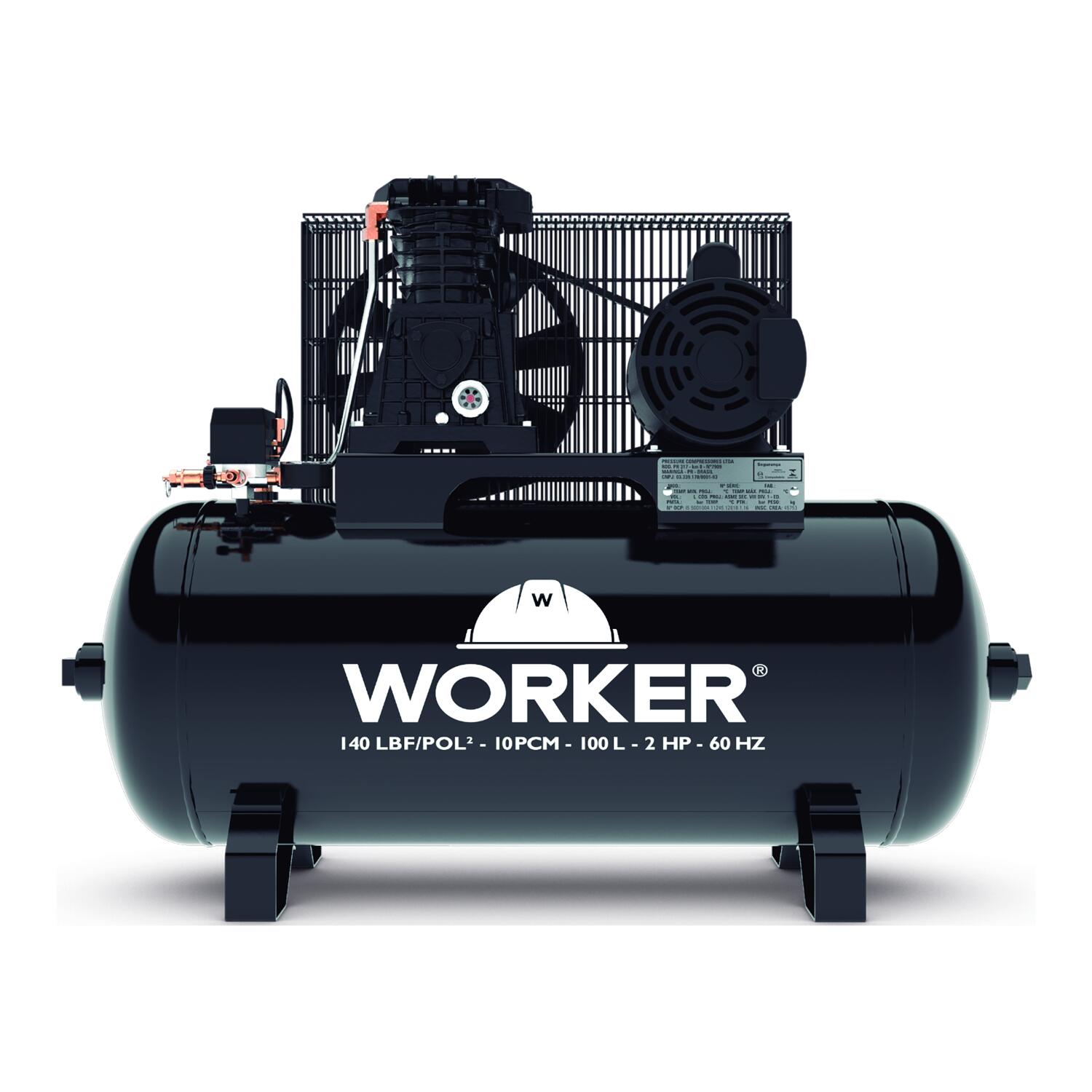 Compressor de Ar Monofásico 10Pcm 140Psi 100L 2Hp Biv Worker