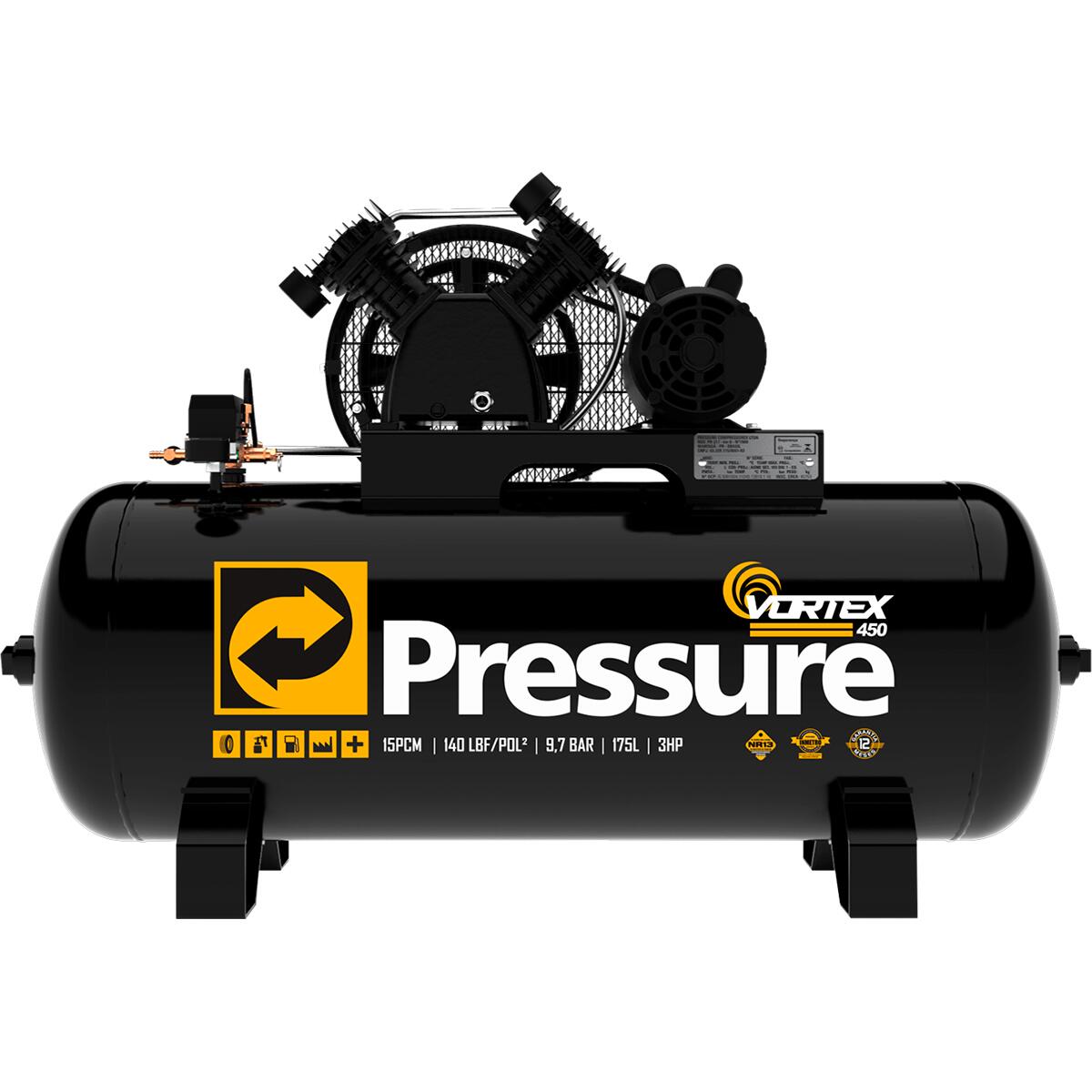 Compressor de Ar Vortex 450 15Pcm 140Psi 175L Mono Ip21 Bivolt Pressure