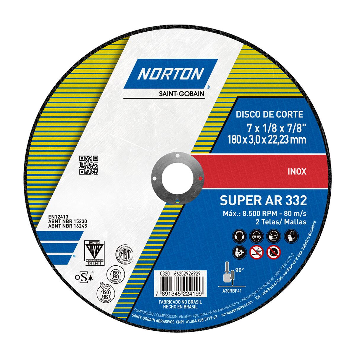 Disco de Corte e Desbaste Super Inox Ar 332 180X3. 0Mm Norton