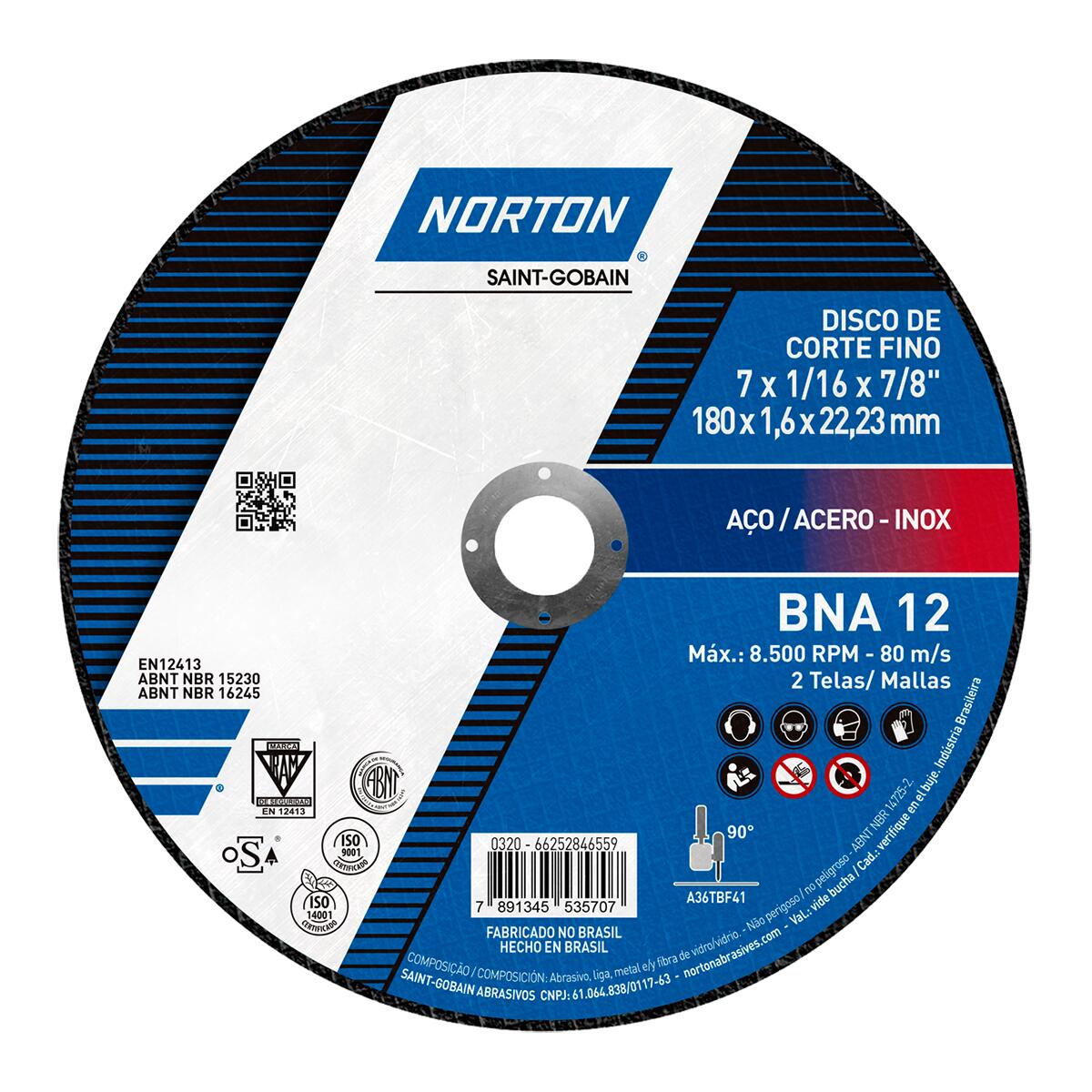Disco de Corte Linha Azul para Aço 180X1,6Mm Bna12 Norton